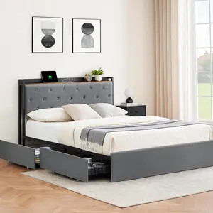 Garvee Queen Size Gray Upholstered Bed Frame with 4 Storage Drawers, Storage Headboard, Velvet Upholstery, USB Charging Station, Sturdy Wooden Slats, Noise-Free Design, No Box Spring Needed, Easy Assembly