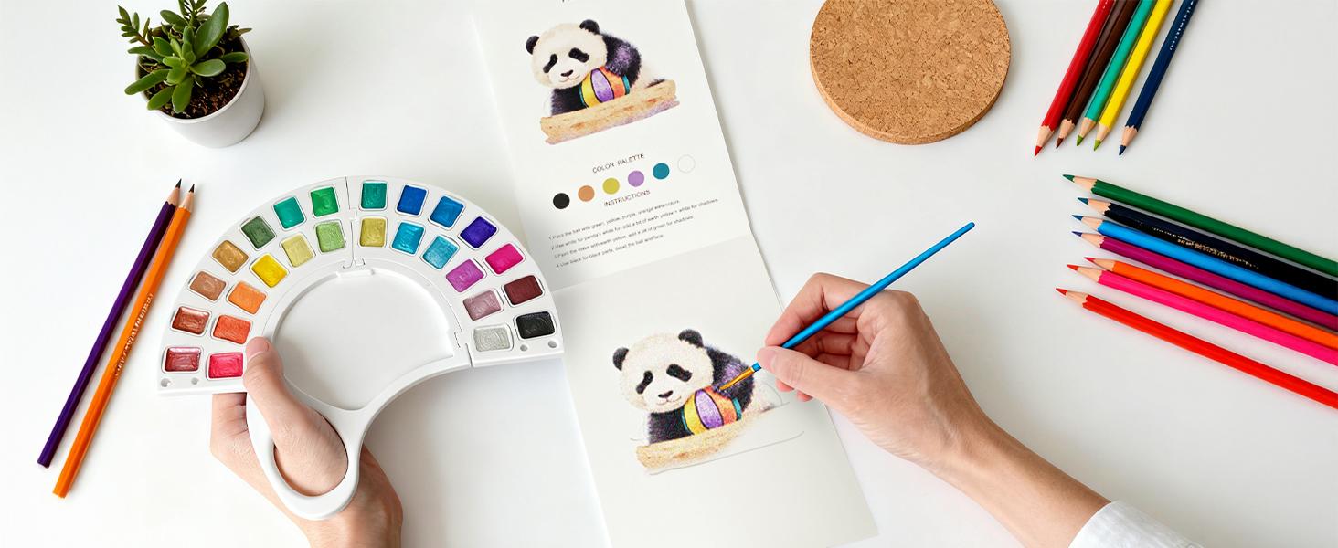 Watercolor Workbook for Kids - 13 Pages 300GSM Paper, Paint Set with Brush & Storage Bag, Beginner-Friendly Coloring Book for Creative Art