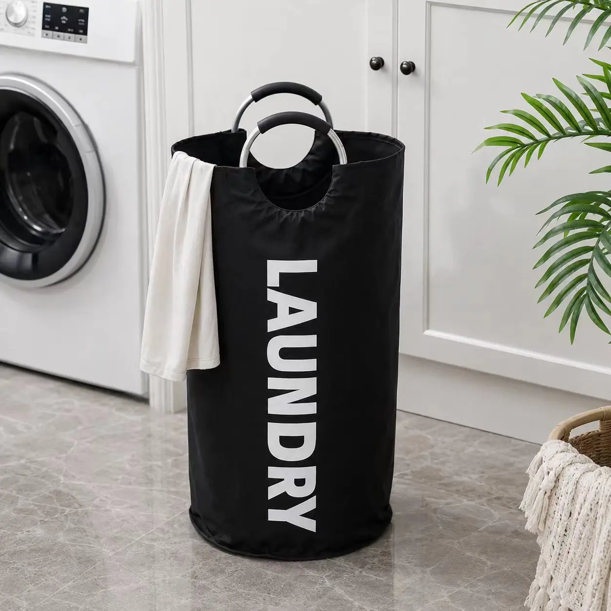90L Heavy Duty Collapsible Laundry Hamper – Tall Foldable Waterproof Dirty Clothes Basket with Soft Grip Reinforced Handles for Bedroom Bathroom Dorm Apartment Nursery, ( Black Pink Navy Blue)