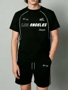 Black Oversized "LOS ANGELES" Retro Graphic Track Suit - Street Sports Set, 2026 Trending Streetwear, Quick-Dry Fabric Perfect for Gym & Daily Outings, Bold Racing-Inspired Print That Stands Out, Versatile Relaxed Fit