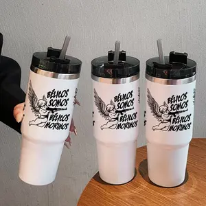 30oz Insulated Stainless Steel Coffee Mug Cup with Straw, Angel Pattern Design, Perfect Gift for Men & Women, Casual Travel Use