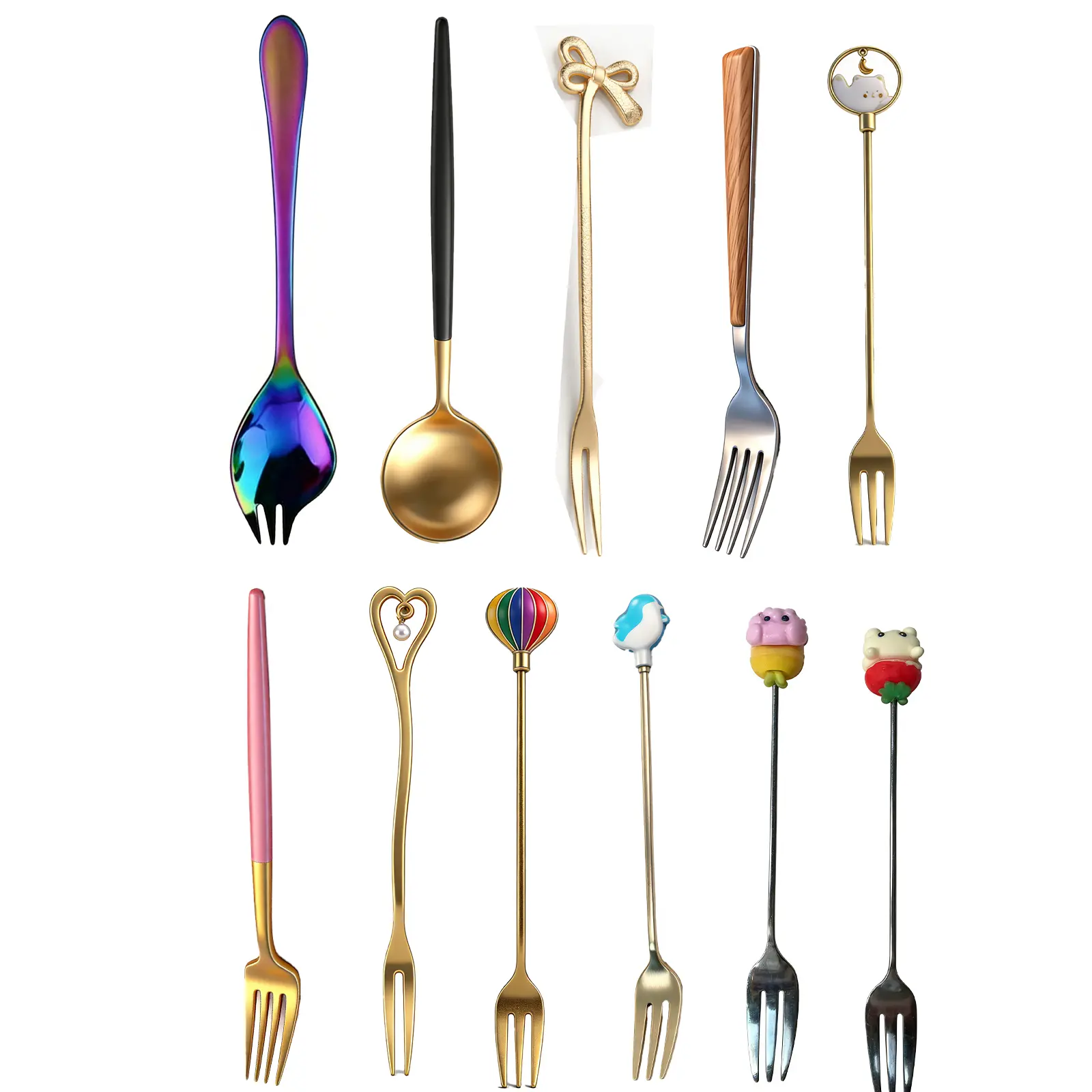 11pcs Multi-Style Fork 7.5 Inch Fork, Stainless Steel Forks,Heavy-duty, Gold Pink Color Forks, Penguin Fork,Wood Big Fork,Bow Small Fork,Design Fork,Pet Fork,Easily Use Or Restaurants for School dorm & Apartment,Hotel & Airbnb Supplies