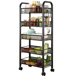 Garvee 5 Tier Rolling Cart, Storage Metal Rolling Cart with 4 Lockable Wheels- for Fruits Vegetables Snacks Bowl&Dishes, for Kitchen Living Room Bathroom, Black
