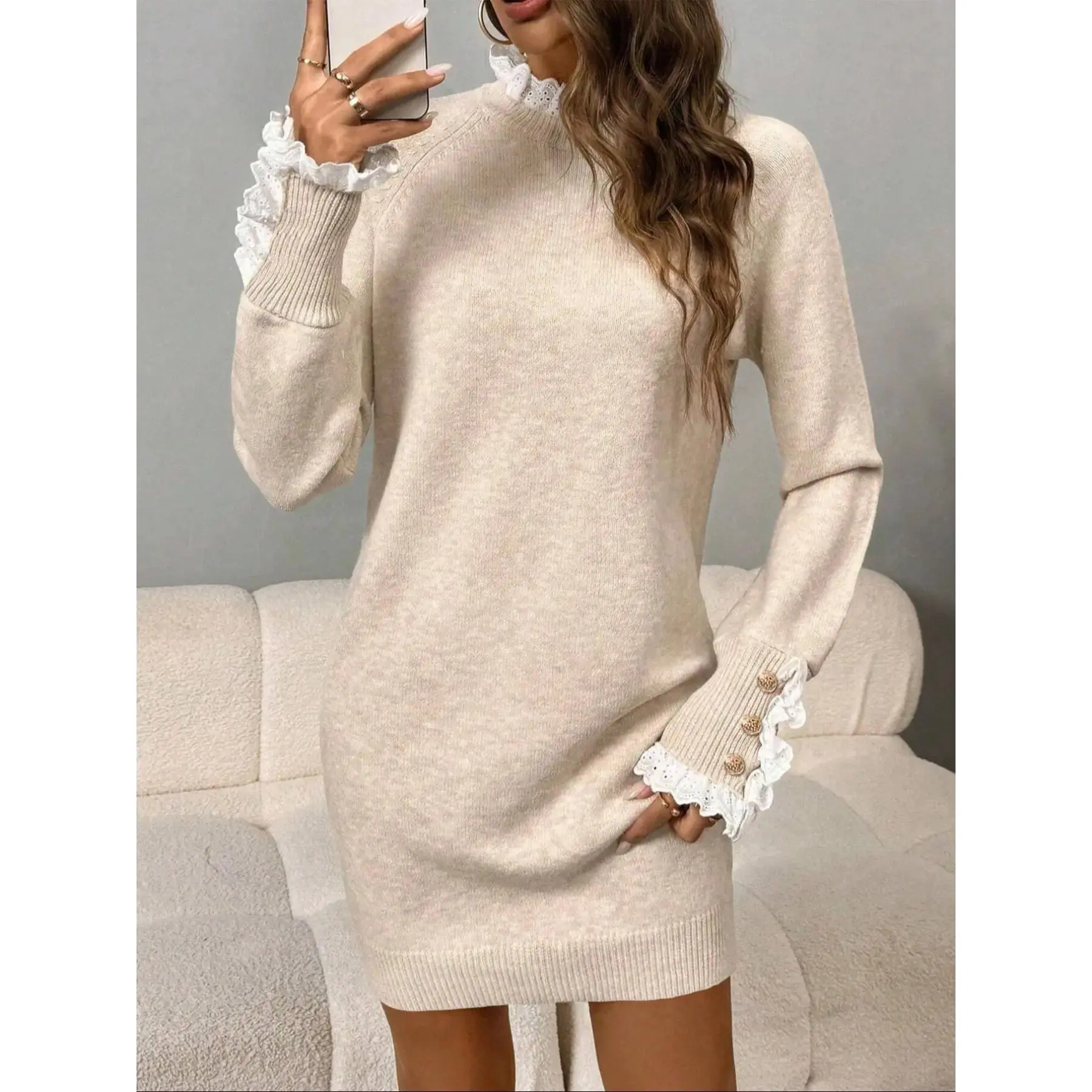Fashion Women's Knitted Sweater Dress Autumn Winter Lace Collar Casual High Stretch Fitted Knitwear, Elegant Long Sleeve Pullover for Ladies