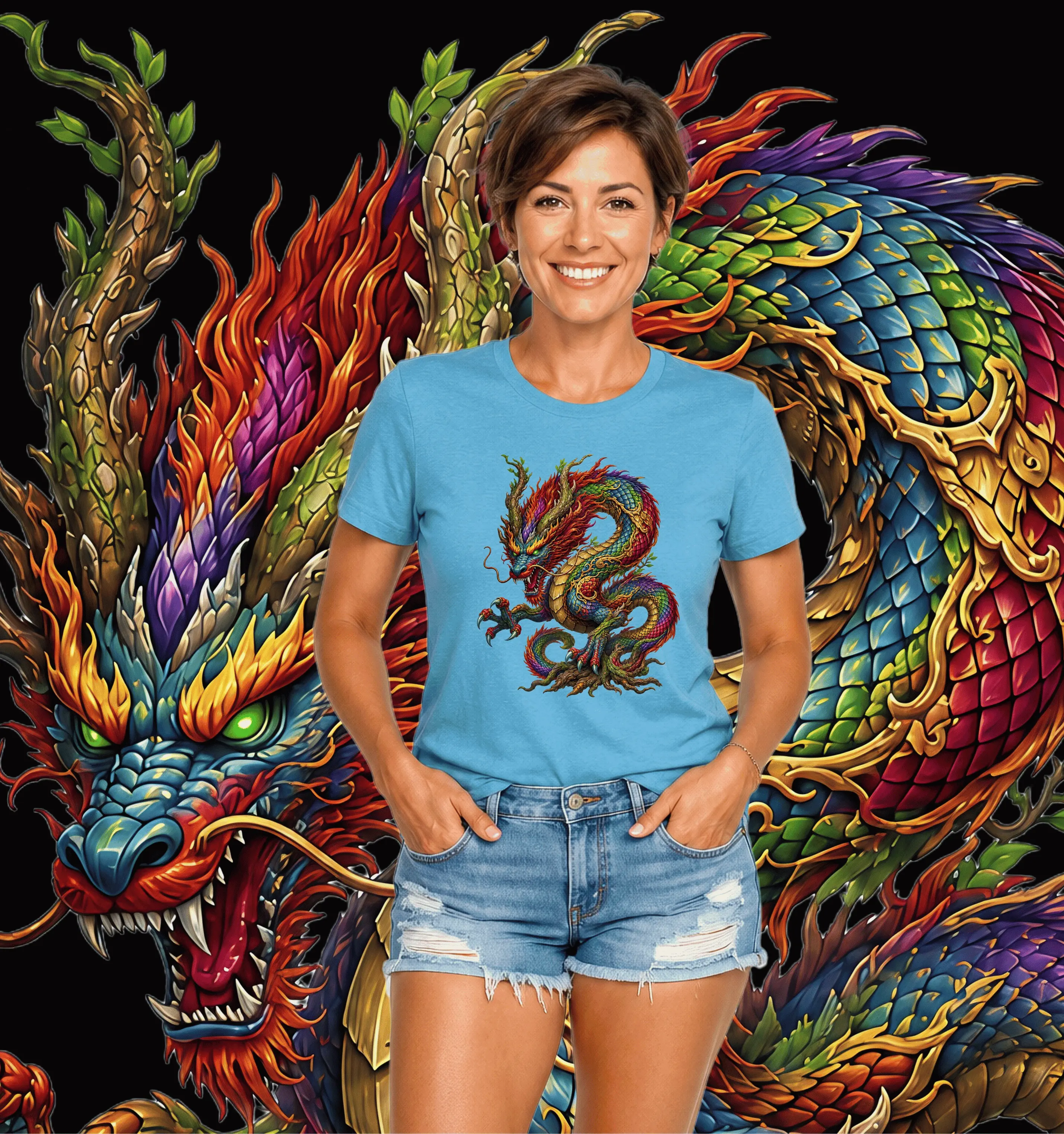 Colorful oriental Tree Dragon T-Shirt | Asian Mythical Serpent Illustration