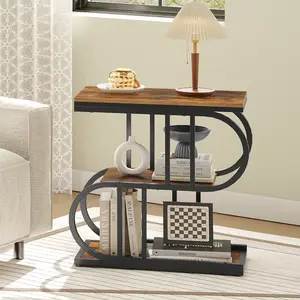 HOOBRO S-Shaped Narrow End Table, Sofa Table, Bedside Table with 3-Layer Open Shelves, for Small Space, Living Room, Bedroom, Office, Rustic Brown and Black