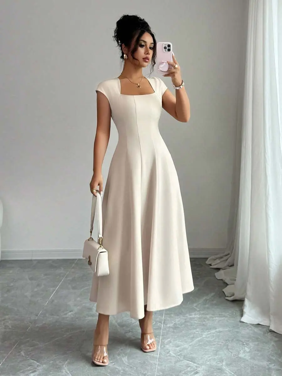 Elenzga Women's Elegant Square Collar Cinched Waist A-Line Midi Dress,  Casual Vacation Style For Spring & Summer, Suitable For Commuting, Beach,  Music Festival, Oktoberfest - TikTok Shop