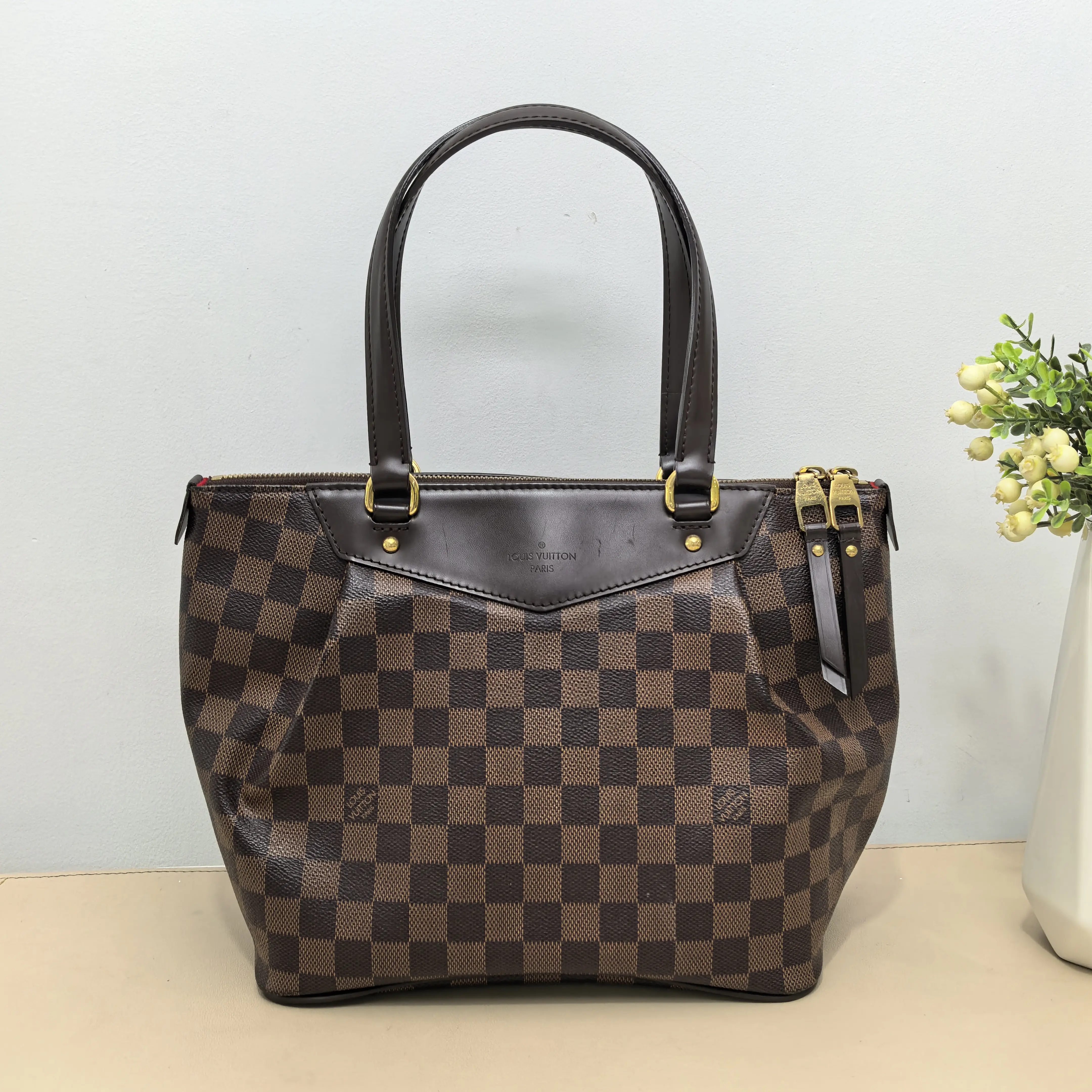 Pre-owned Louis Vuitton Coated Canvas Tote Bags Westminster PM Damier Ebene Leather Trim Tote Bag D8070117