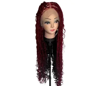 360 Lace Hand Braided Waist Length Human Hair Red Color 36 Inches Long Curly Texture High-Quality Material Perfect for Styling and Accessories