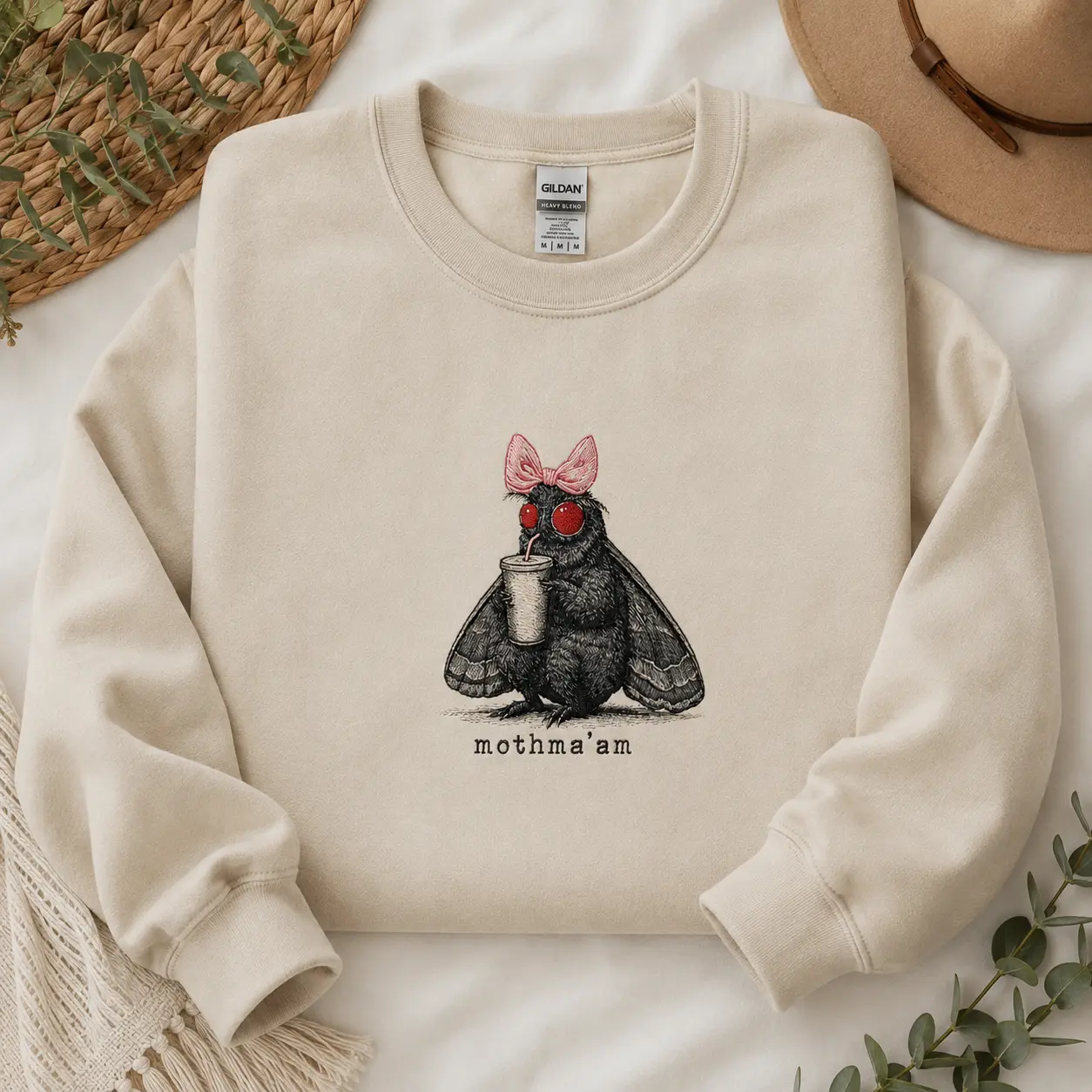 Mothma'am Embroidered Sweatshirt, Cute Mothman Sand Crewneck Pullover, Aesthetic Spooky Fall Oversized Jumper, Trendy Autumn Holiday Gift