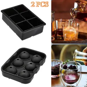 2Pcs Black Ball Shape Mold Kit, Silicone Rectangular Ice Cube Tray with Sqaure Used To Make Frozen Pudding, Cake, Biscuits, Chocolate And More