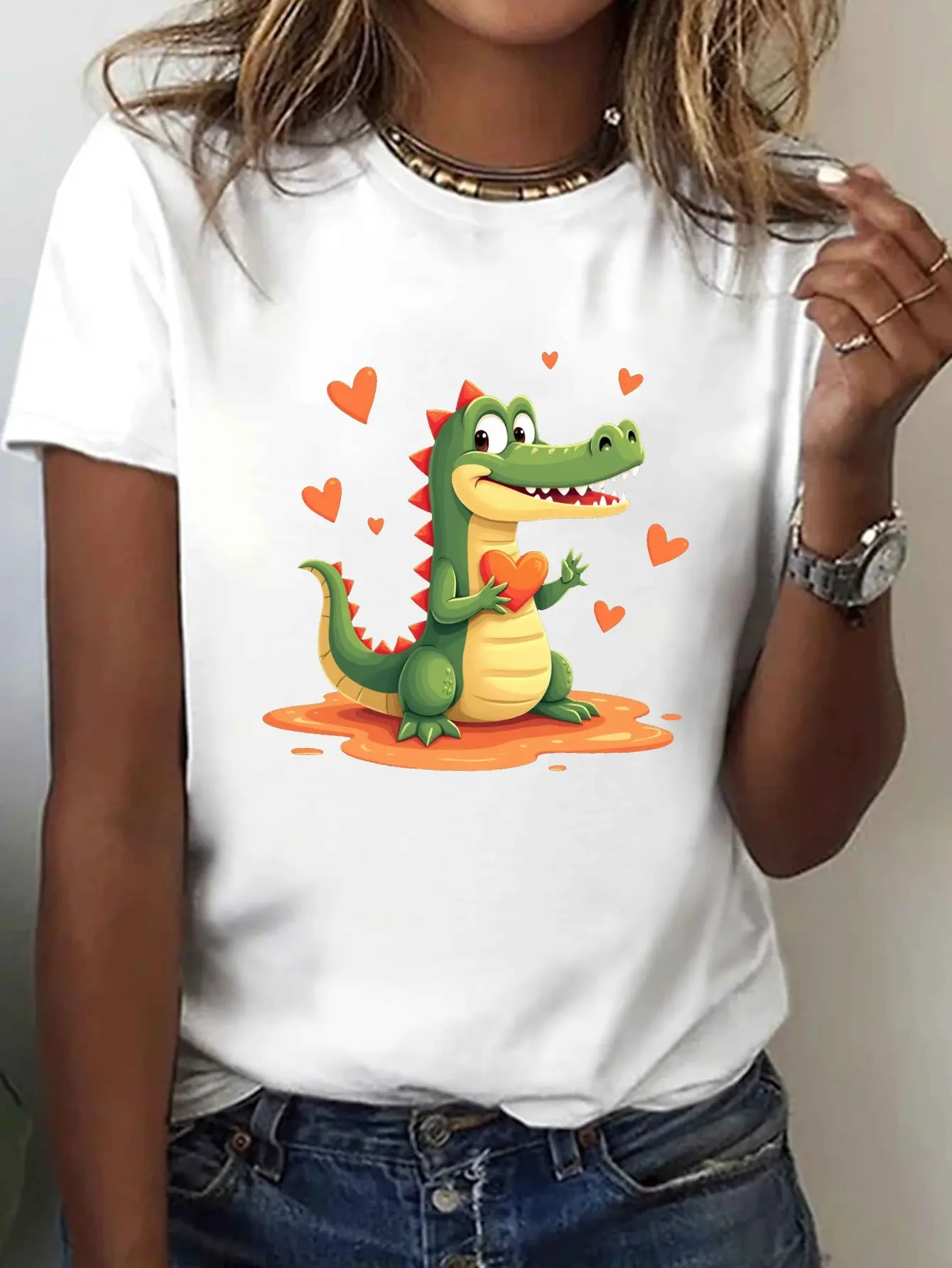 Cheerful Cartoon Crocodile Print T-shirt, Short Sl unisex soft cotton short sleeve t shirt, vintage graphic casual tee for men women teens, perfect birthday holiday gift for camping travel gym daily street casual wear