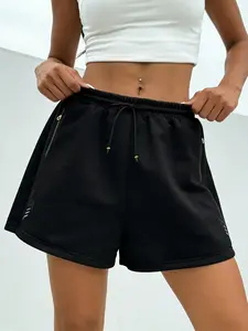 Women’s Black Drawstring Athletic Shorts — Loose Fit Casual Fitness Hot Pants with Zipper Pockets