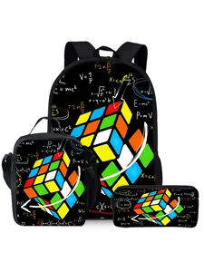 The colorful Rubik's Cube printed backpack three piece set includes lunch bag and pencil case