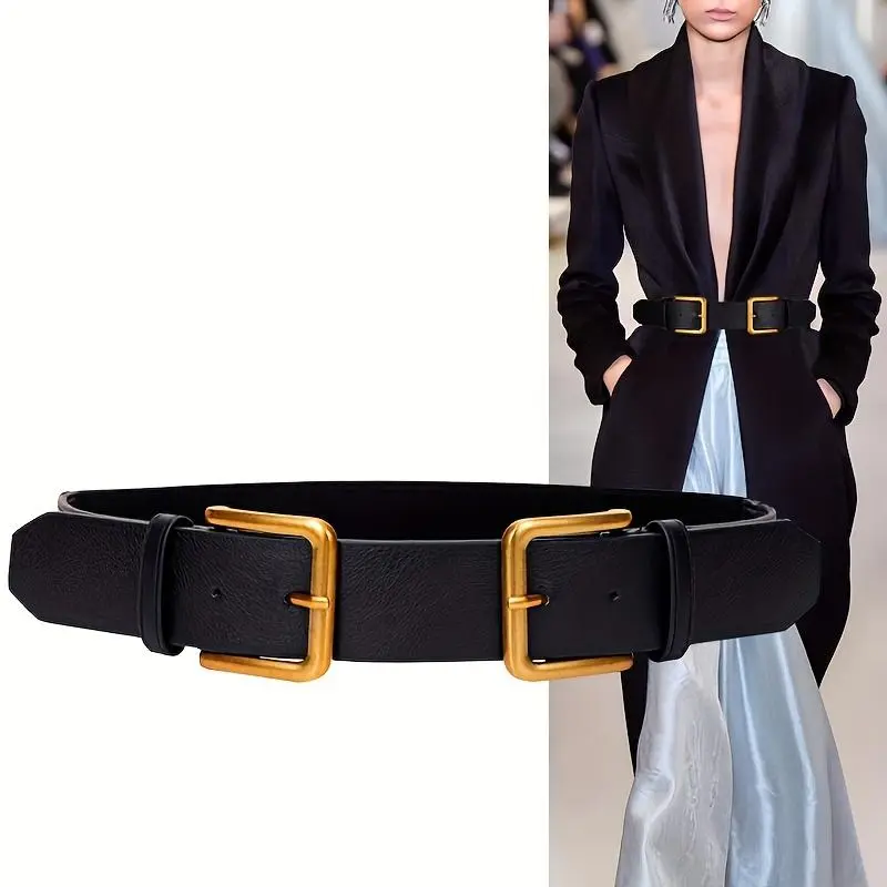 Ladies' Fashion Dress Coat Black Bundle Belt with Double Buckle - Perfect for Daily Use & Casual Wear - Ideal Gift for Family and Friends