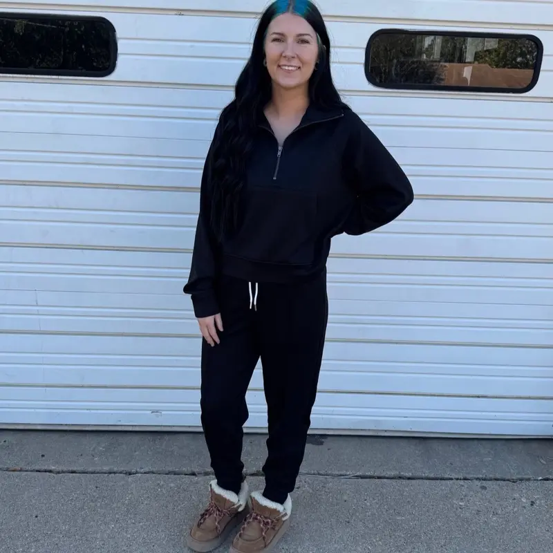 Scuba Half Zip Pullover With Kangaroo Pocket - Black Butter Soft Hoodie for Women