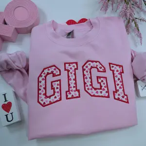 GIGI Embroidery Hearts Valentines Mothers Day Crewneck Sweatshirt Casual Cotton
