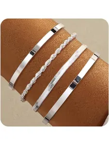 16k Chunky Bangle Cuff Stackable Bracelets for Women, Trendy Sweatproof Brass Plated Jewelry, Non-Tarnish Boho Style Accessories