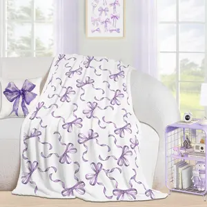 Purple Bow Throw Blanket, Coquette Girly Blanket Gifts for Kids Women Teens, Soft Flannel Lightweight Blanket, Cute Bowknot Pattern Purple Blanket for Preppy Spring Decorations, 50 x 40 Inch