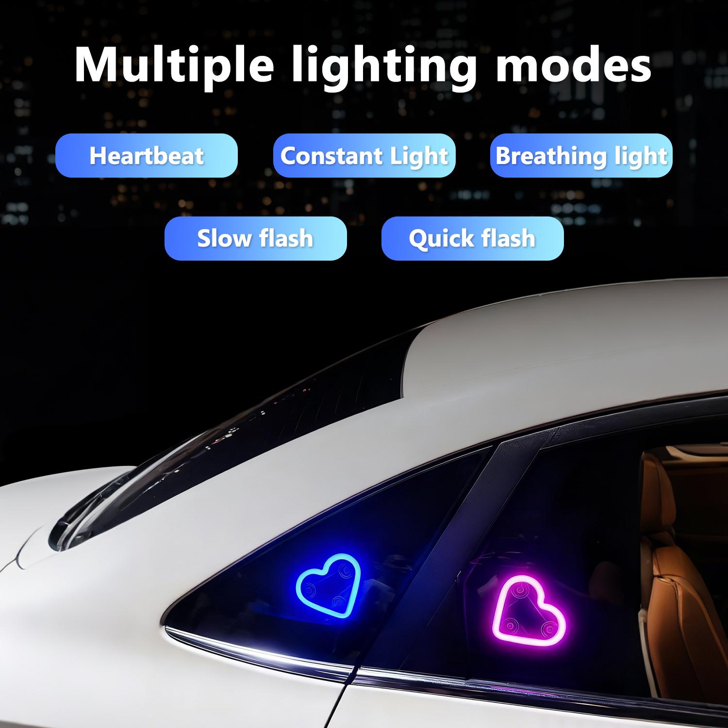 Solar-Powered Heart-Shaped LED Neon Light, Wireless Car Ambient Light with 3 Modes, IP65 Waterproof Romantic Atmosphere Lamp for Car Interior, Outdoor Decor, Couples Gift, Easy Install No Wiring