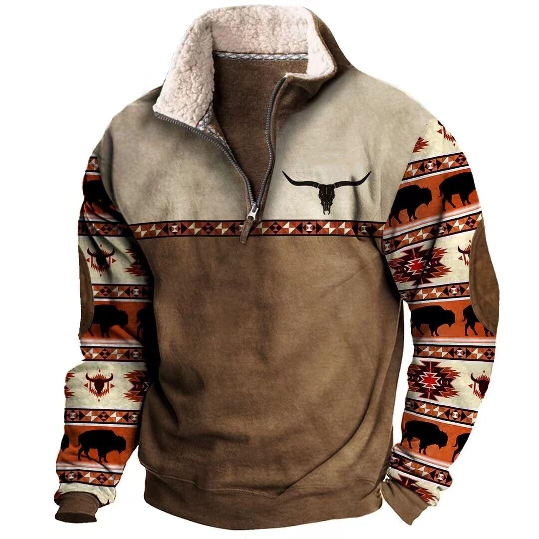 Retro Bull Head Half Zip Sweatshirt with Unique Design - Show your personality with this stylish retro style pullover,S,brown