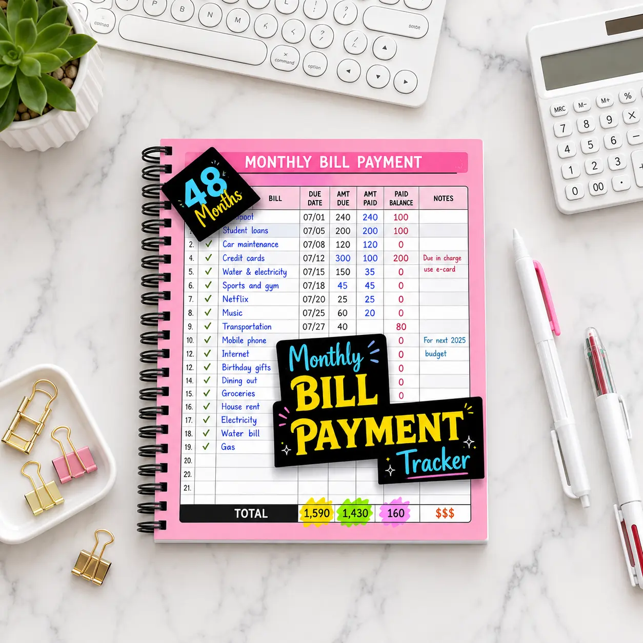 48-Month Monthly Bill Tracking Planner, Home Supply for Family Financial Organizers to Log Monthly Bill Payment, Expenses & Debt Repayment Plans