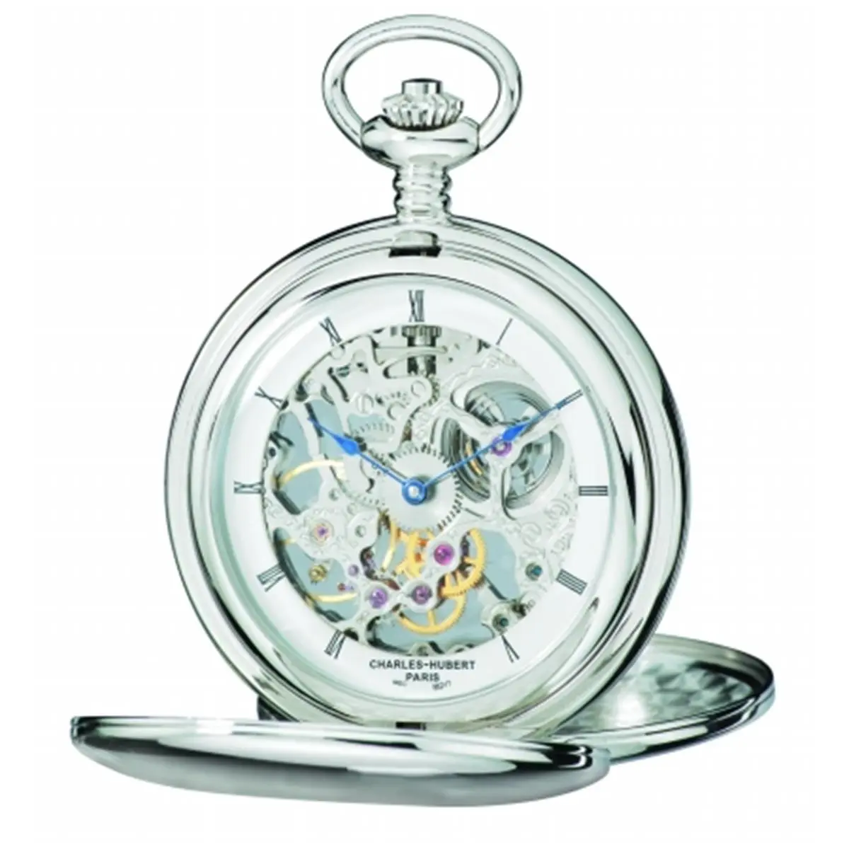 212 MAIN Women's Fashion Mechanical Pocket Watch - Polished Stainless Steel, Double Cover, Skeleton Round Face, Skeleton Watch, Fashionable Analog Accessory, Fashionable Analog Watch
