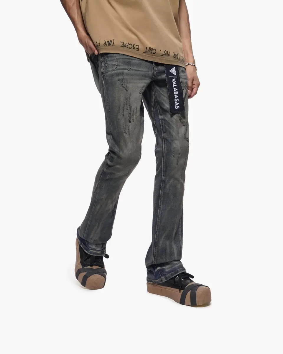 Men's Outlawed Stacked Dirty Dark Blue Denim Pants, Menswear Streetwear Bottoms
