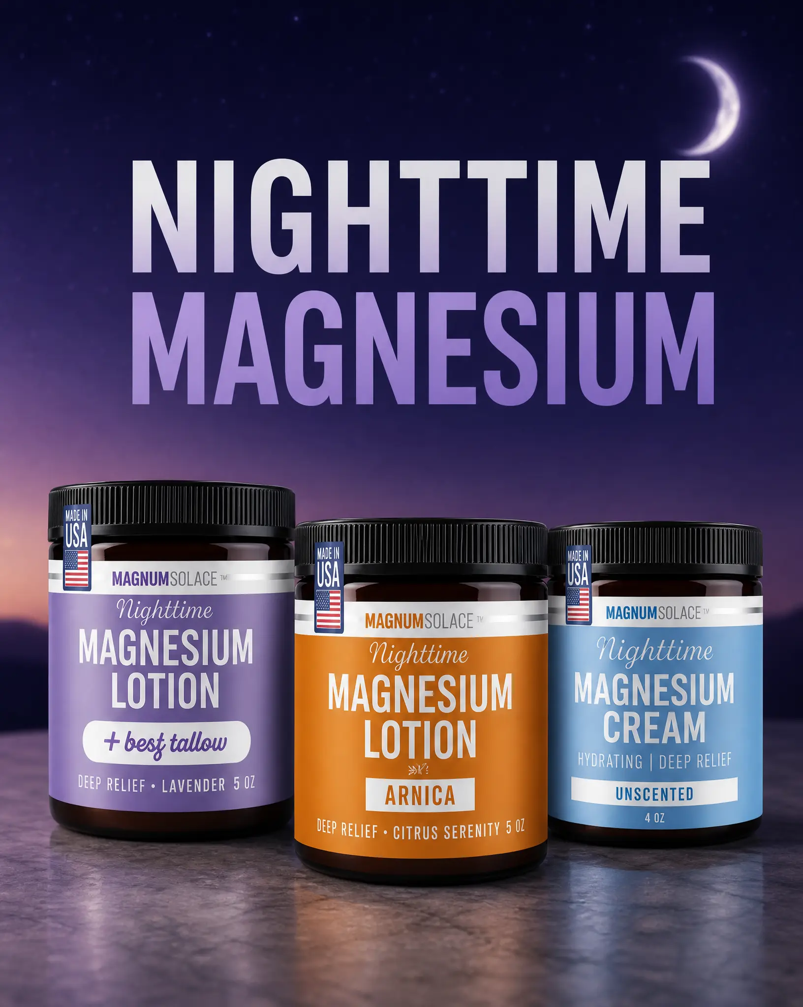 Magnum Solace Magnesium Body Care Set - Hydrating Nighttime Lotion & Cream for Body, Legs & Feet, Rich Beef Tallow Lotion, Arnica Citrus Lotion, Unscented Magnesium Cream, Full-Size 3-Piece Bundle