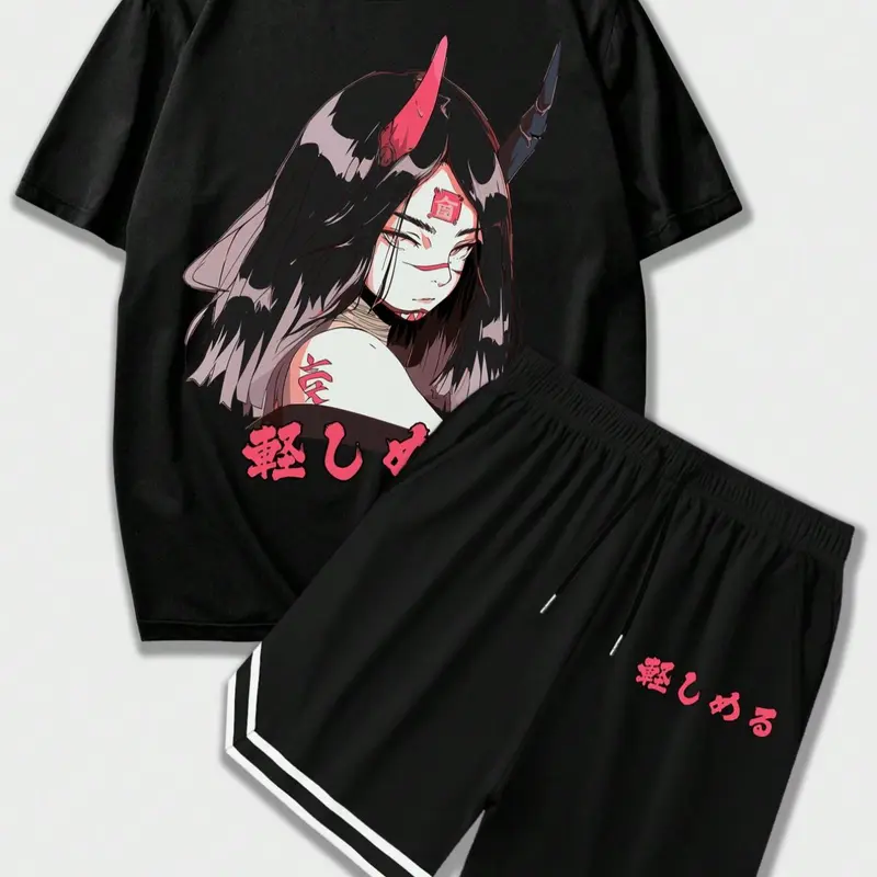 Men's Cartoon Print Drop Shoulder Stretchy Fitted Tee & Drawstring Elastic Pocket Shorts Set, Casual Fashion Cozy Fabric Short Sleeve T-shirt & Track Shorts for Daily Fitness Workout Running Natural