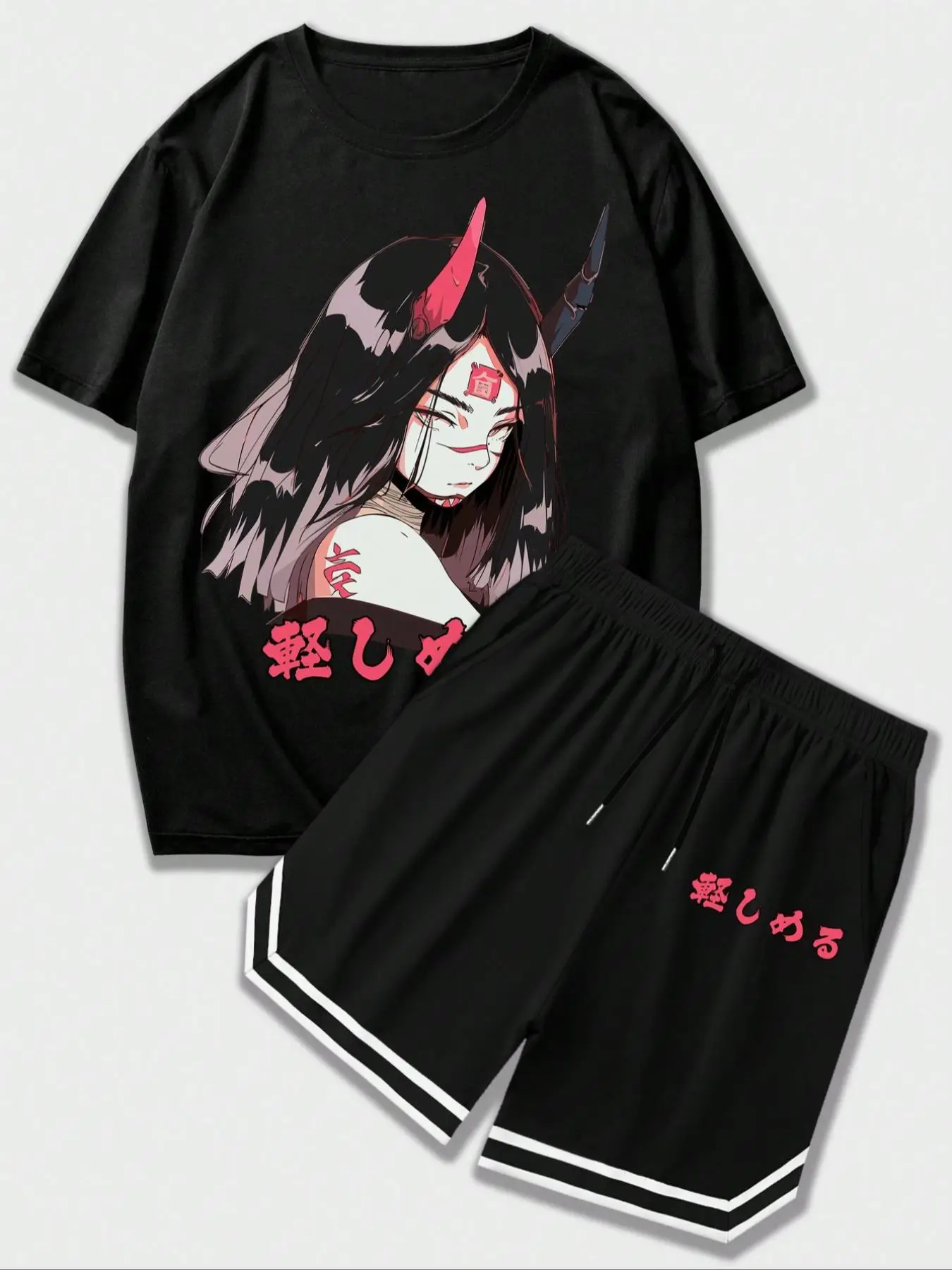 Men's Cartoon Print Drop Shoulder Tee & Drawstring Pocket Shorts Set, Casual Fashion Cozy Short Sleeve T-shirt & Track Shorts for Daily Workout Runnin