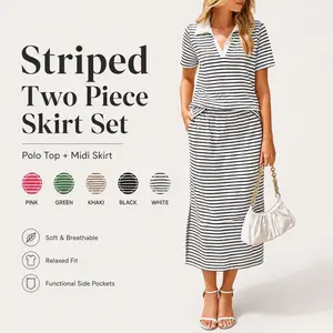 Effortless Quiet Luxury 2 Piece Skirt Set Short Sleeve Striped Polo Neck Matching Set with Pockets Slimming Midsize Summer Outfit