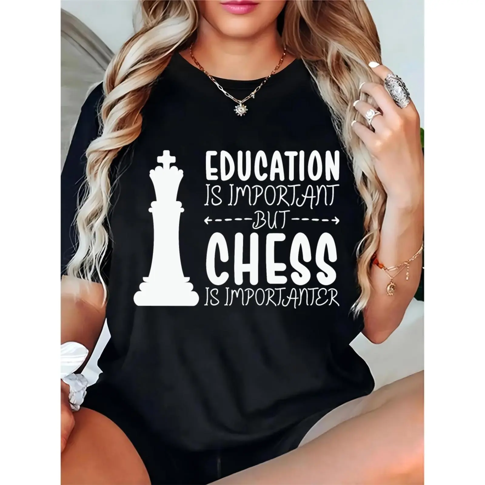 Women's Chess Queen Graphic T-Shirt - Funny "Education Is Important But Chess Is Importanter" Casual Tee for Chess Enthusiasts, Chess Club, Daily Wear