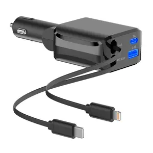 60W Retractable Car Charger | 4-in-1 USB-C Fast Adapter with Lightning Cable & Dual Ports for All Your Devices