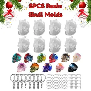 8PCS Resin Skull Molds – 3D Clear Silicone Molds with Keychain Accessories for Candle Making, Epoxy Crafts, Home Decor, Halloween Decorations & DIY Gifts