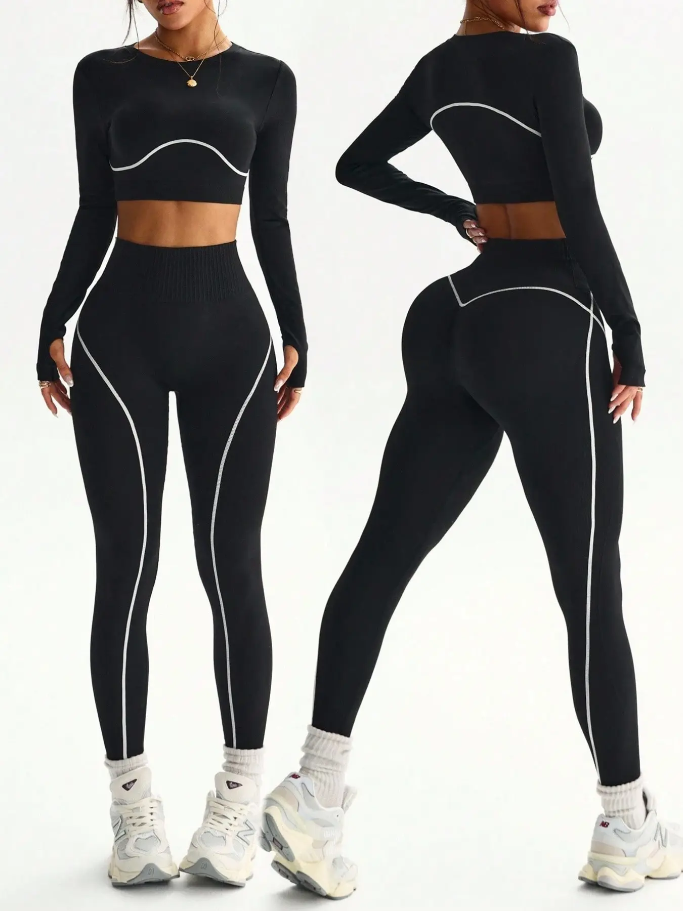 Women's Colorblock Striped Round Neck Thumb Hole Long Sleeve High Waisted Athletic Running Fitness Yoga Pants Set, Sporty Workout for Outdoor Activities Sportswear For Training Yoga Set Activewear Clothing