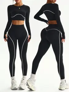 Women's Colorblock Striped Round Neck Thumb Hole Long Sleeve Running Fitness Yoga Pants Set, Sporty Athletic Fashion Activewear Workout Running Clothes for Outdoor Activities