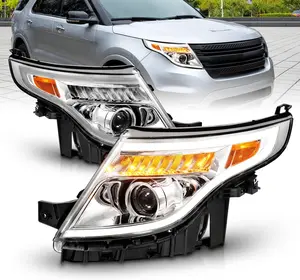 AmeriLite for 2011-2015 Ford Explorer LED Tube Signal Projector Chrome Replacement Headlight Pair - Driver and Passenger Side
