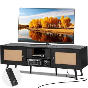 VEVOR Rattan TV Stand for 65 inch TV,  Boho TV Stand with Rattan Door, Entertainment Center with Build-in Socket and USB Ports, Modern TV Console for Living Room, Media Room, Black