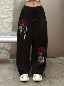 Skeleton Hand & Rose Graphic Sweatpants - Gothic Streetwear Joggers, Drawstring Waist