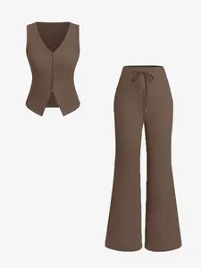 Women's Fashion Casual Comfortable Solid Color Top Round Neck Sleeveless Button Vest and Drawstring Wide Leg Pants Set