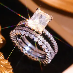 3PC Radiant Cut Cubic Zirconia Bridal Ring Set Silver Plated Stackable Engagement & Wedding Bands