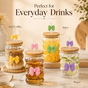 18oz(Set of 2)Ribbed Borosilicate Glass Tumbler with Bow Accent & Bamboo Lid - Leakproof, Reusable Straw Cup for Iced Coffee, Tea, Smoothies & Water - Cute Aesthetic Drinkware for Girls Mug Bottles