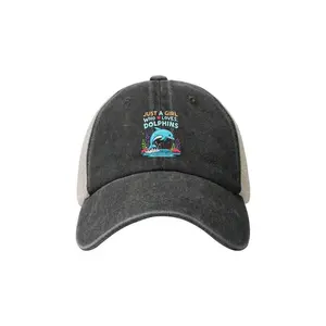 1pc Printed Just A Girl Who Loves Dolphins 2 Washed Denim Baseball Cap, Adjustable Outdoor Sun Protection Casual Grid Hat, Suitable For Travel, Beach Holiday,Outdoor, Sports, Camping, Funny Graphic Print Gift Mens Womens