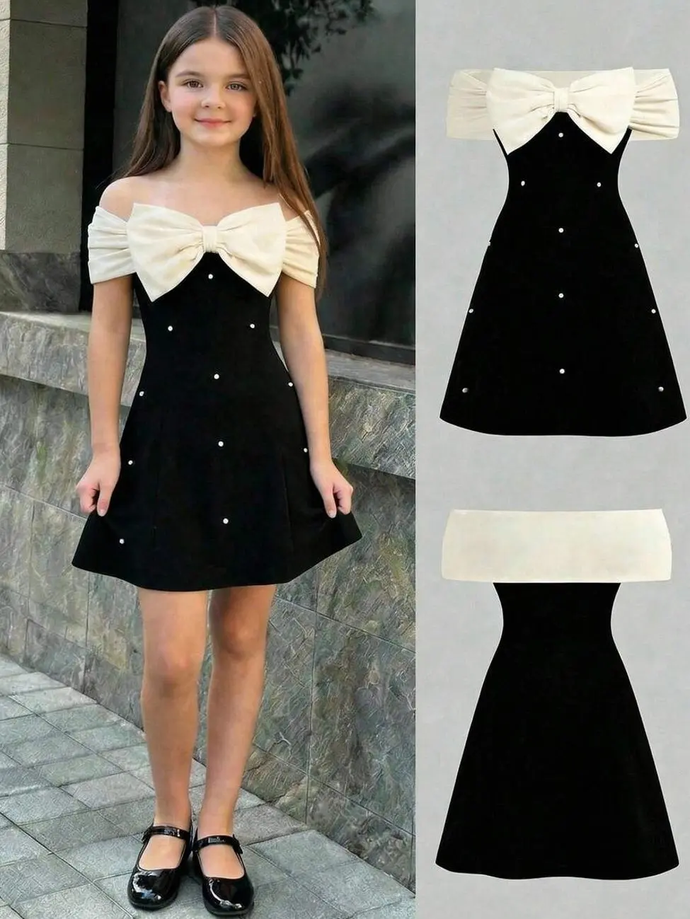 Tween Girls Black And White Bow Shoulder Mini Dress, Elegant Sleeveless Wedding Party Outfit