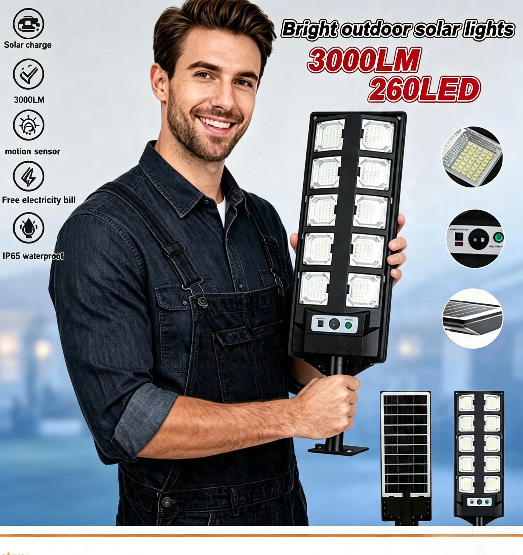 Outdoor Ultra-Bright Large Solar Street Light, Commercial Lighting Fixture, IP65 Waterproof Safety Solar Wall Light for Garden, Courtyard, Porch parking lot light farm security floodlight lamp post