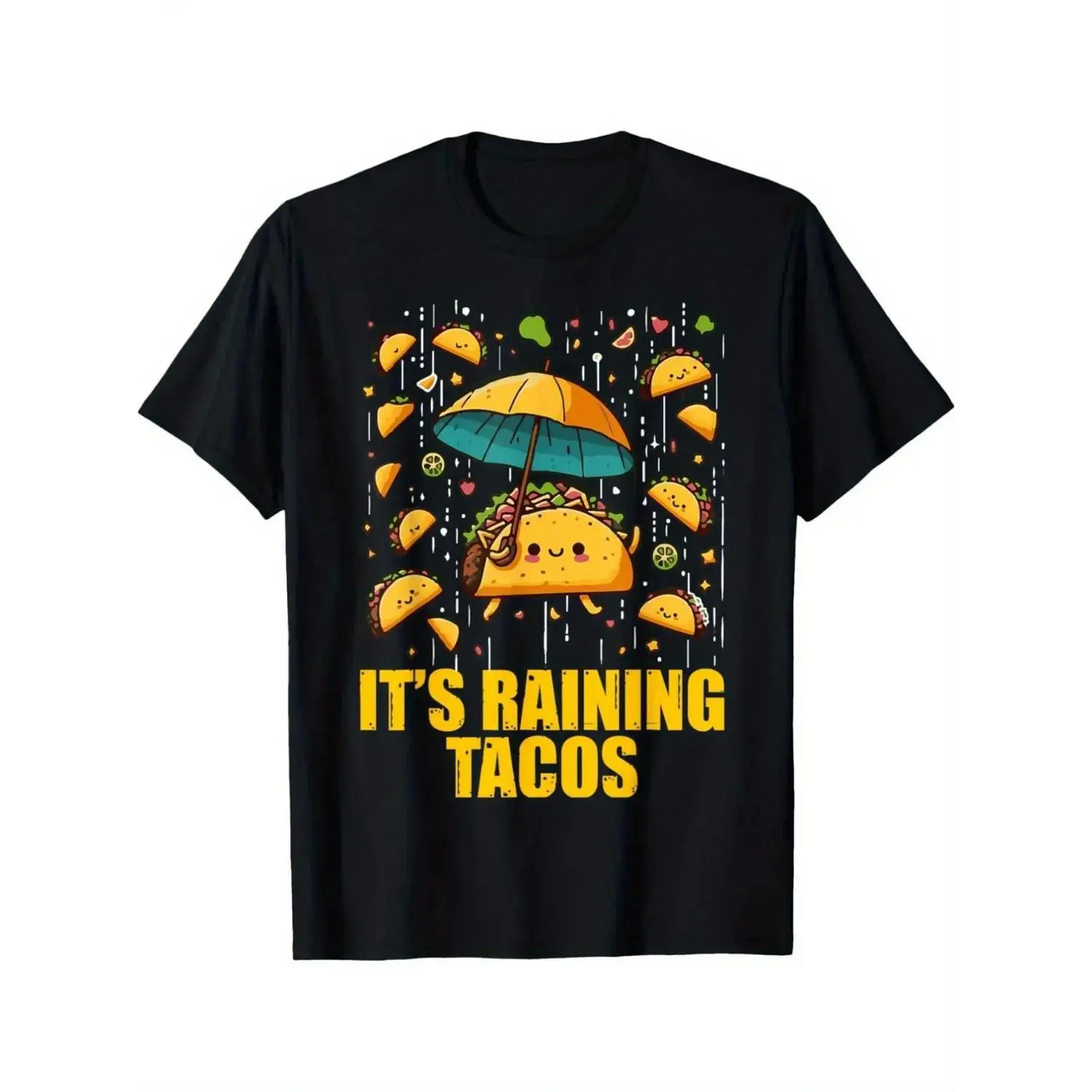 Women's Funny Graphic T-Shirt, Fitted Short-Sleeve Cotton Streetwear Tee with Round Neck and Retro "It's Raining Tacos" Print