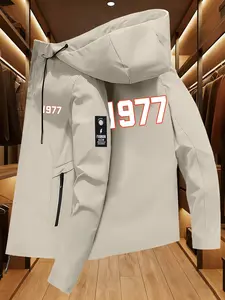 1977 Digital Print Jacket, Retro Number Windbreaker, Simple Casual Hooded Top, Long Sleeve Loose Fit, All Seasons Clothing