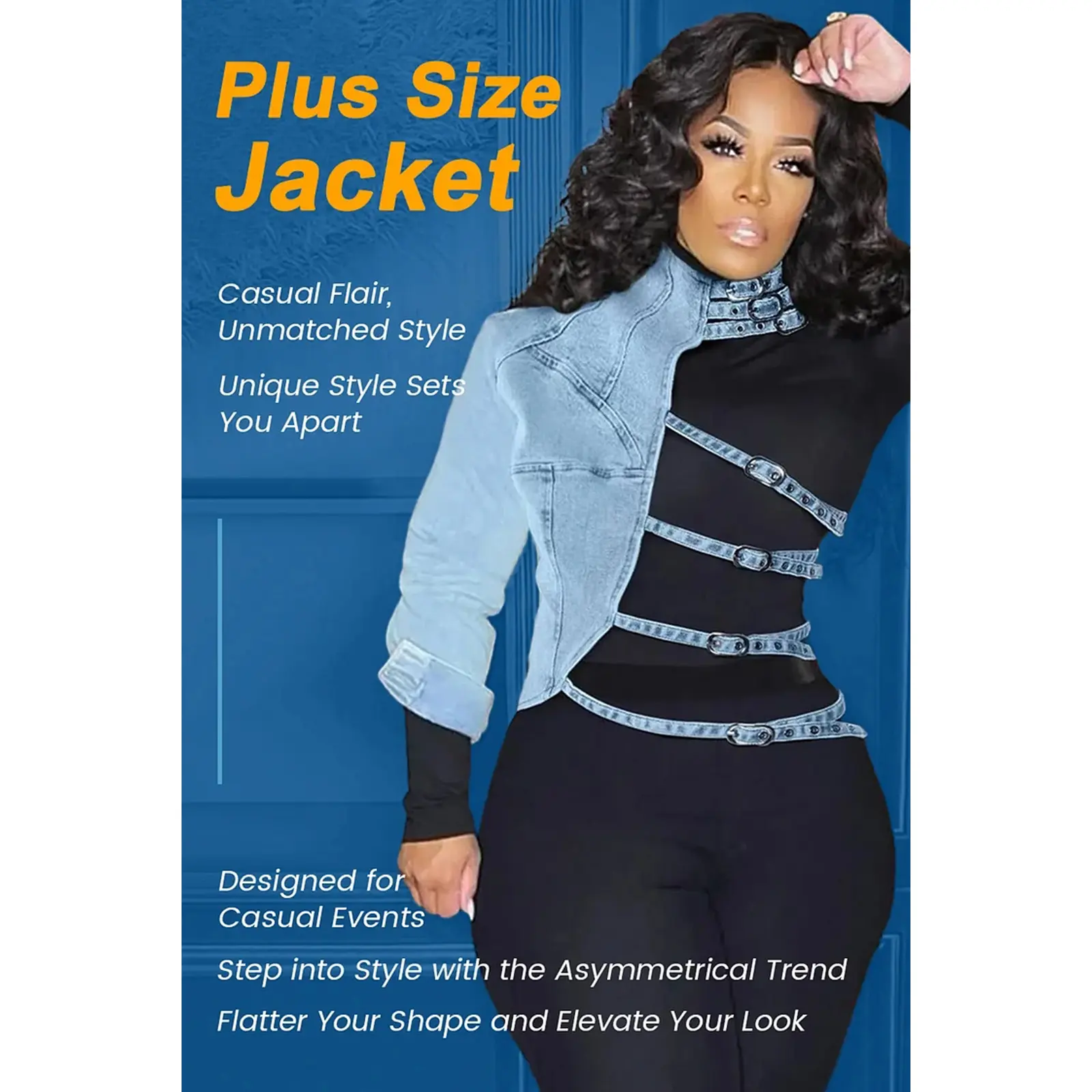 Plus Size Lady's Denim Jacket - Patchwork, Asymmetric 1-Shoulder, Short Design, Long Sleeve Style, Strap Detail - Spring Womenswear Outerwear with Black Overall Innerwear & Pants, Top,sohochic