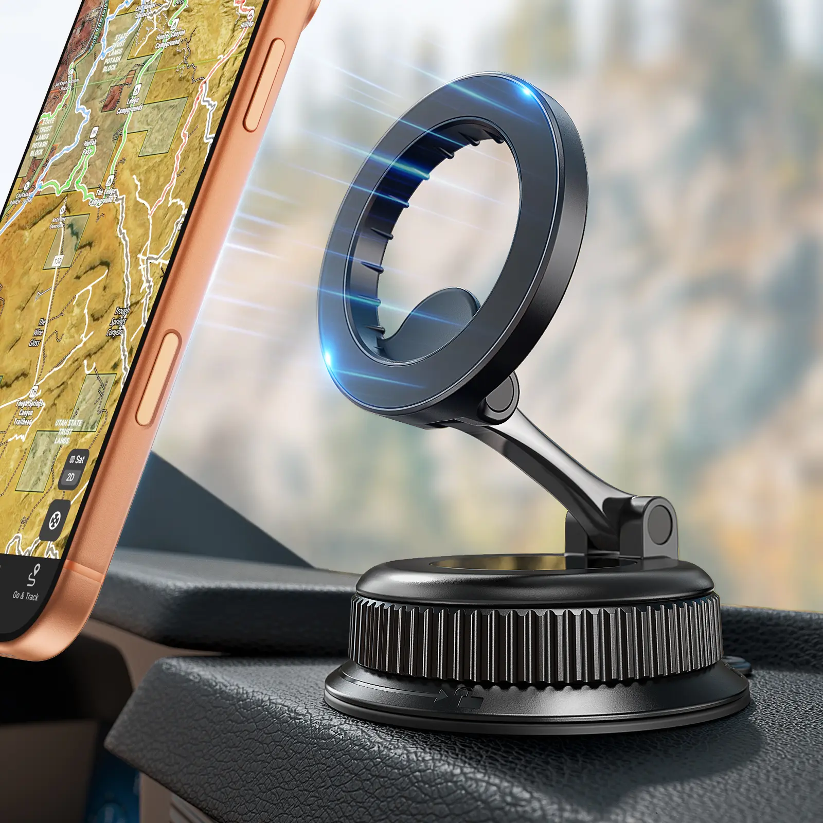 Suction cup phone holder, magnetic car navigation mount compatible with iPhone 17/16/15/14 (MagSafe) and Samsung Galaxy S26/S25 Ultra; detachable portable dashboard and windshield mount suitable for pickups, jeeps, trucks, and passenger cars.